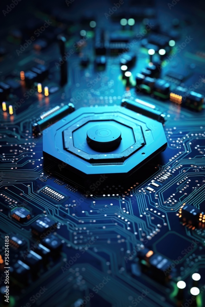 Poster Close up of a circuit board with electronic components. Perfect for technology and innovation concepts