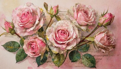 Pink roses on a pink background. Floral retro wallpaper, background, illustration