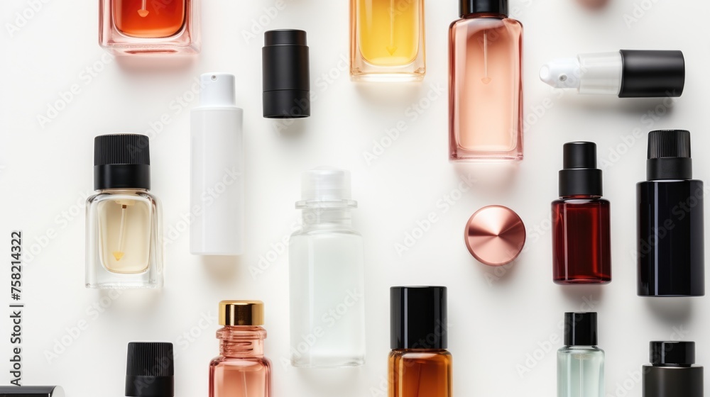 Poster assorted perfume bottles displayed on a clean white background. perfect for beauty and fragrance con