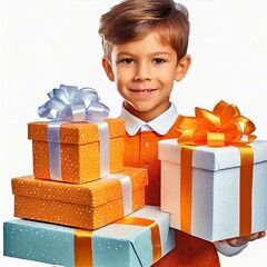 Chłopiec na trzymający w rękach kilka prezentów. Białe tło. Dzień dziecka, Boże Narodzenie - obrazy, fototapety, plakaty