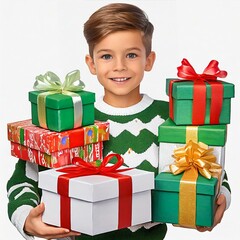 Chłopiec na trzymający w rękach kilka prezentów. Białe tło. Dzień dziecka, Boże Narodzenie