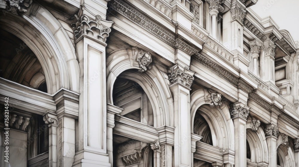 Poster A large building with a prominent clock on the front. Suitable for architectural designs