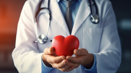 Close up of female doctor holding red heart in hands. Cardiology concept