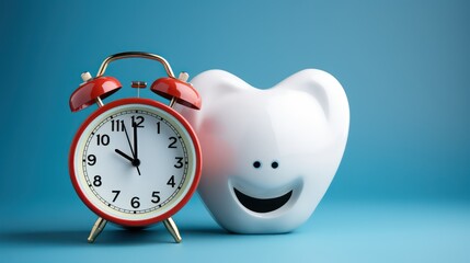 Tooth with alarm clock on blue background.