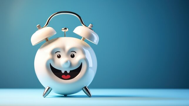 A white alarm clock with a smiley face