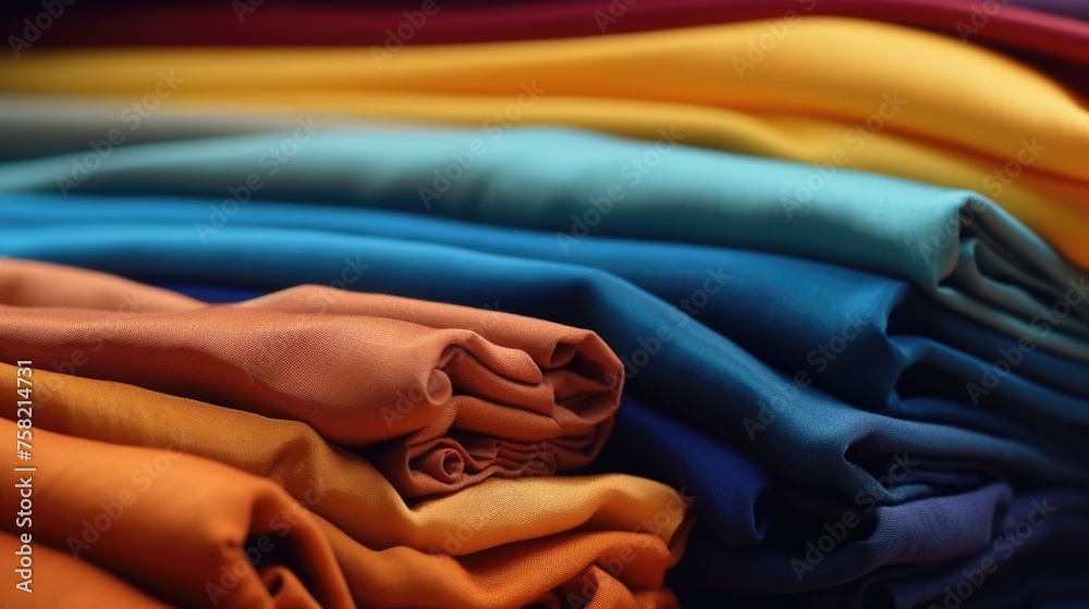 Poster a close up view of a pile of different colored fabrics. suitable for textile industry concepts