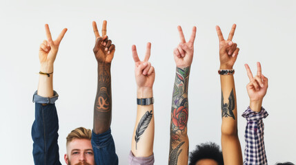 different arms raised against a white background, each making the peace sign with their fingers.