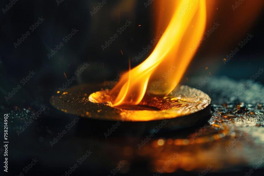 Poster A close up of a plate with a fire, perfect for adding a dramatic touch to your projects