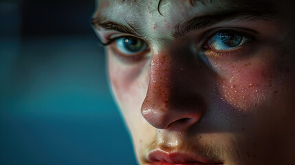 A close-up showing the detailed features of a young mans face with piercing blue eyes - obrazy, fototapety, plakaty