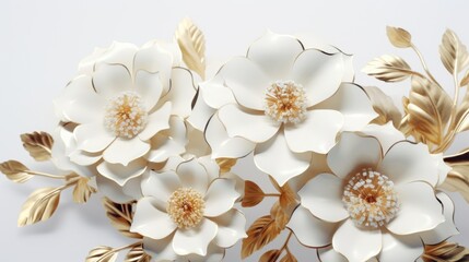 Fototapeta na wymiar A bunch of white flowers with gold leaves, suitable for elegant designs