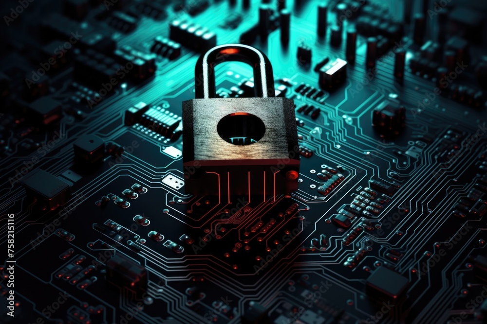 Aufkleber close up of a lock on a circuit board. great for technology concepts