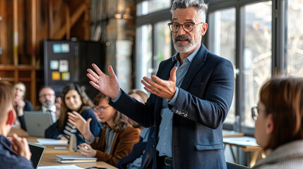 Mature man standing confidently in front of a diverse group of people, possibly delivering a speech or presentation