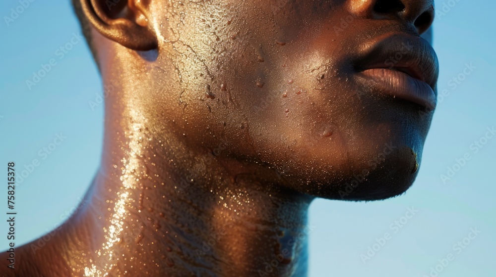 Aufkleber close up of a man's face with a blue sky in the background. suitable for various concepts and design