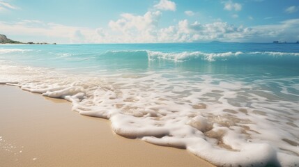 Ocean wave rolling onto sandy beach, ideal for travel brochures