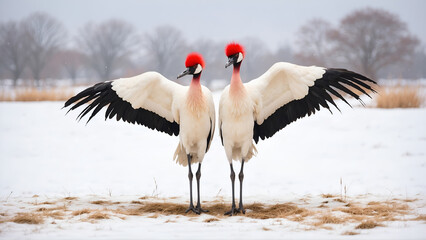 Fototapeta premium Red crowned crane at snowy field 