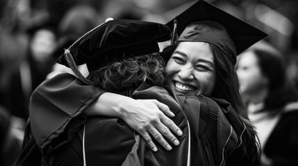 A woman in a graduation gown embraces another woman in a heartfelt hug - obrazy, fototapety, plakaty