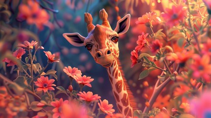 image featuring a giraffe surrounded by flowers, inspired by the artistic style of Arne Thun.