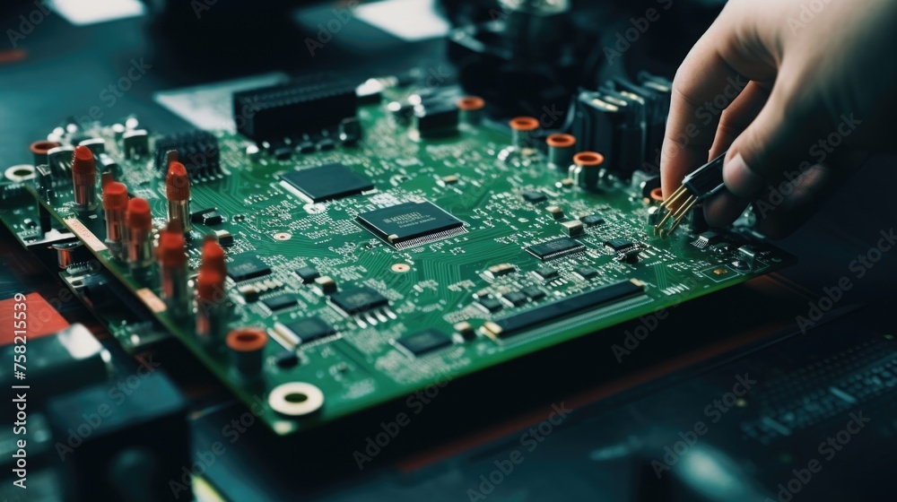 Poster Close up of a person working on a circuit board. Suitable for technology concepts