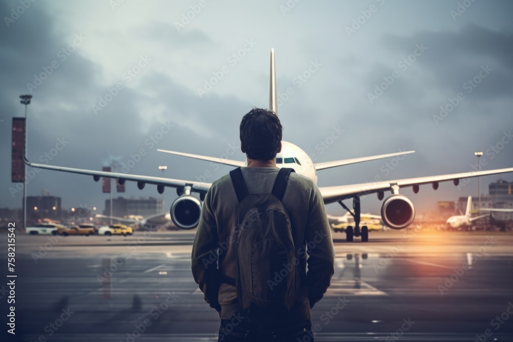 Poster a man standing in front of an airplane at an airport. suitable for travel and transportation concept