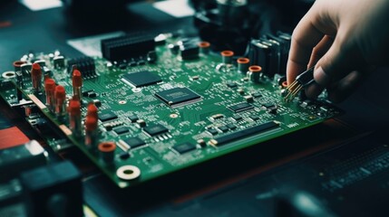 Close up of a person working on a circuit board. Suitable for technology concepts