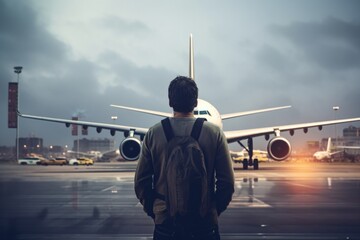 A man standing in front of an airplane at an airport. Suitable for travel and transportation concepts - obrazy, fototapety, plakaty