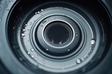 Close-up of a camera lens with water droplets, perfect for photography enthusiasts