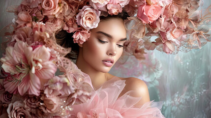 Sensual woman standing with pink flowers on her head, showcasing a botanical-inspired headpiece