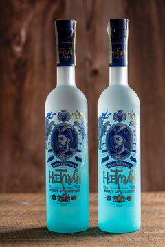 Two bottles of vodka Hetman Petro Doroshenko on wooden background. Vodka Hetman is a recognized leader among Ukrainian premium vodkas