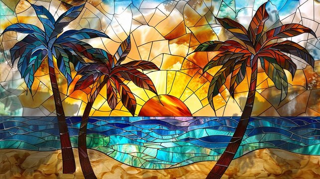 stained glass window tropical sunset with trees