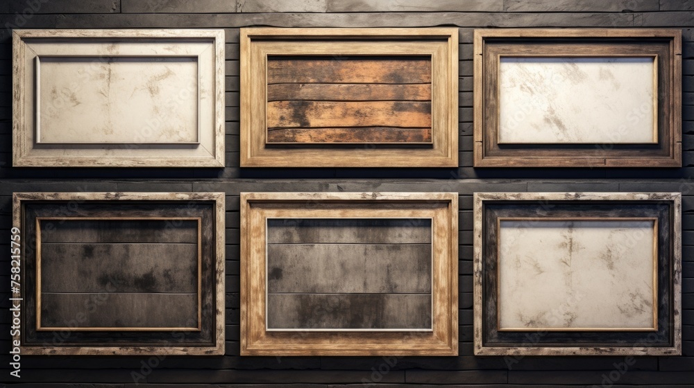 Poster a collection of antique picture frames displayed on a wall. perfect for interior design projects