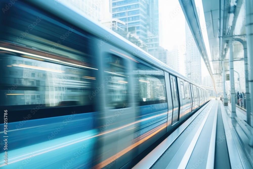 Poster blurry photo of a train passing through a city. suitable for transportation concepts