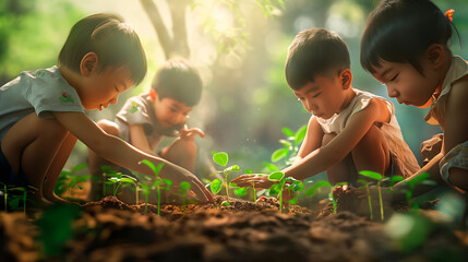 East Asian children plant young trees. Earth Day concept - obrazy, fototapety, plakaty