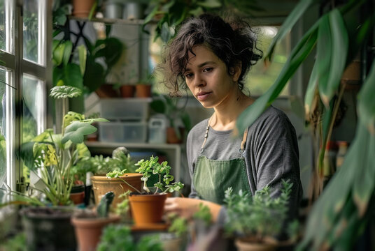  woman takes care of her plants,