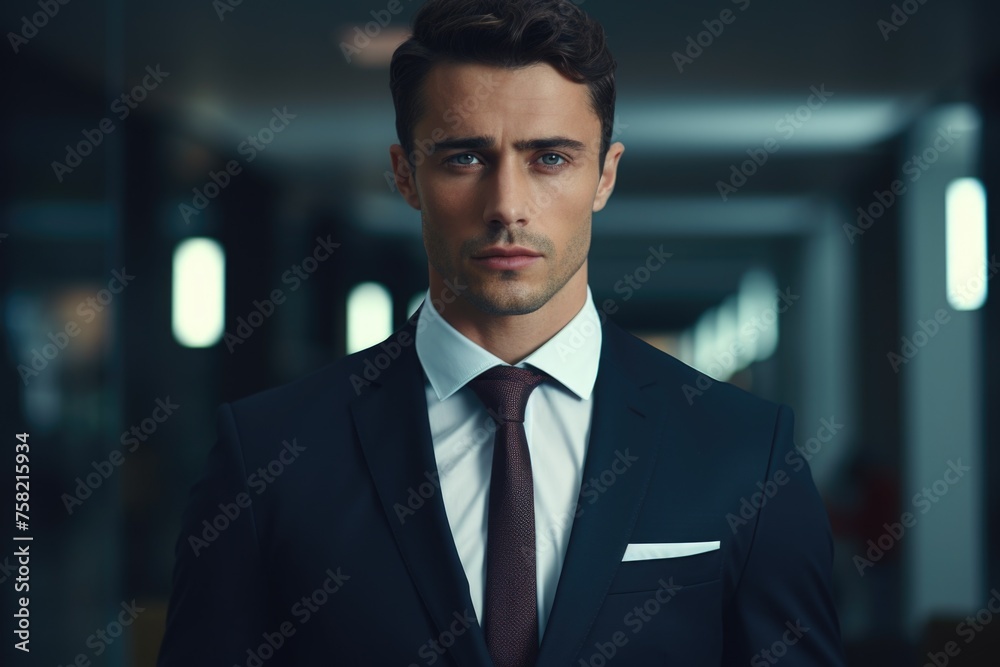 Poster a man in a formal suit and tie standing in a hallway. ideal for business and office related concepts