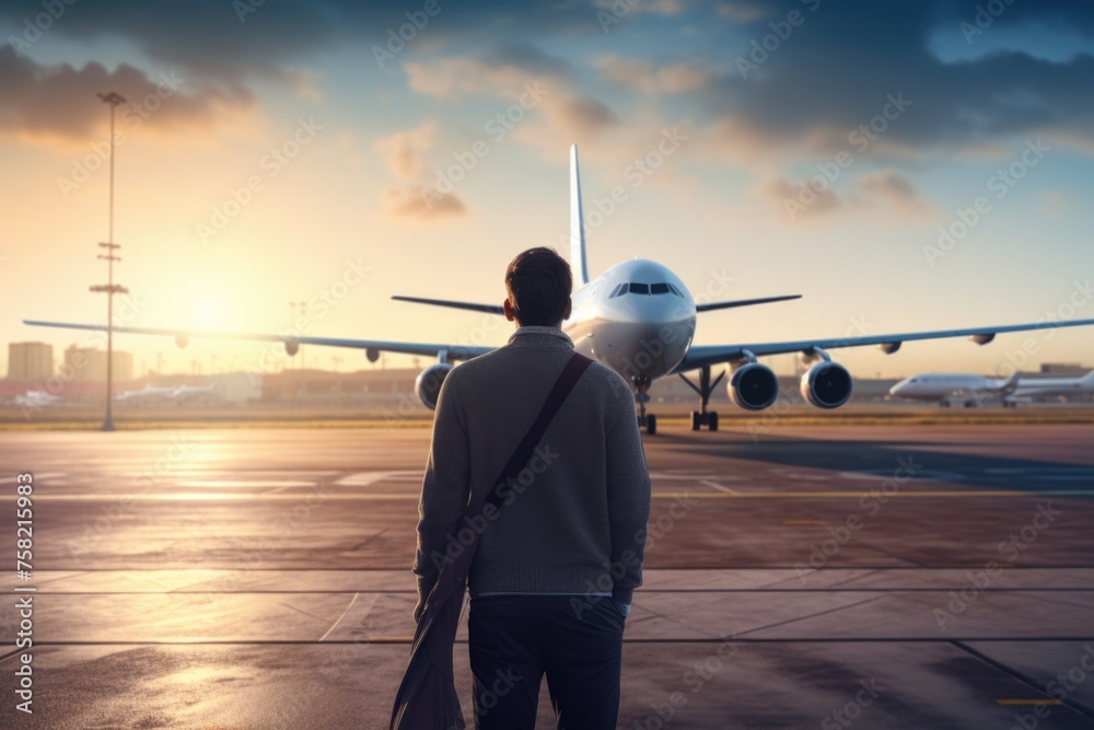 Poster a man standing in front of an airplane on a runway. suitable for travel and aviation concepts