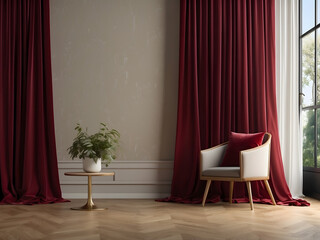 luxury red maroon empty wall in a room with silk curtain drapes. Template for product presentation. Living, gallery, studio, office concept, Mockup 3D rendering