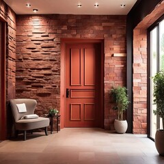 Fototapeta na wymiar POLISH RED stone cladding wall in rustic hallway. Cozy home interior design of modern entrance hall with door. 
