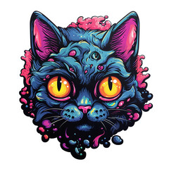 Psychedelic t-shirt design sticker character, Black Cat With Orange Eyes, detailed illustration