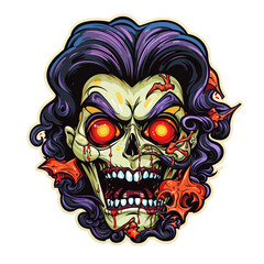 Psychedelic t-shirt design sticker character, Scary Face With Red Eyes and Purple Hair, detailed illustration