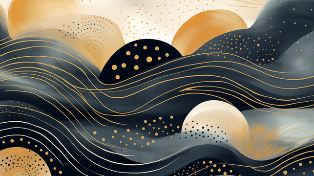 Fond graphique d'un flux color&eacute;, bleu, dor&eacute; et blanc, vague en mouvement. Arri&egrave;re-plan pour conception et cr&eacute;ation.