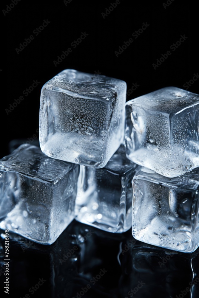 Poster a group of ice cubes sitting on a table. suitable for food and beverage concepts