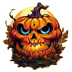Psychedelic t-shirt design sticker character, Jack-O-Lantern With Blue Eyes, detailed illustration