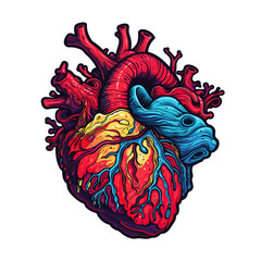 Psychedelic t-shirt design sticker, Detailed Drawing of a Human Heart, detailed illustration
