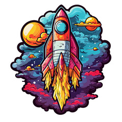 Psychedelic t-shirt design sticker character, Starship Flying in Space, detailed illustration