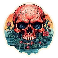 Psychedelic t-shirt design sticker character, Red Skull With Blue Eyes and Roses, detailed illustration