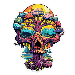 Psychedelic t-shirt design sticker character, Tree in Skull Form, detailed illustration