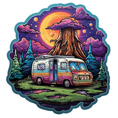Psychedelic t-shirt design sticker character, Camping Scenen with a Van, detailed illustration