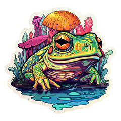Psychedelic t-shirt design sticker character, Frog Sitting at a Lake, detailed illustration