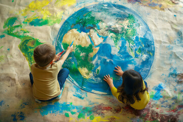 Children draw a globe of the earth. Concept for earth day
