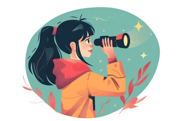 Girl Looking Through Spyglass. Modern Flat Illustration Clipart On Transparent Background. Png File. Ai Generated
